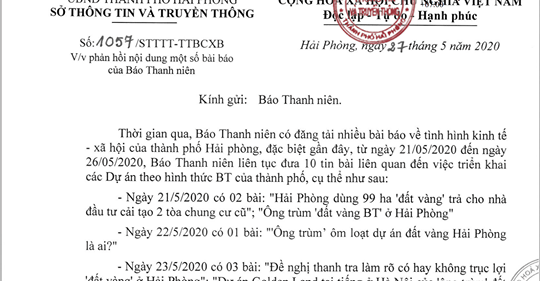 Sở Thông tin và Truyền thông TP. Hải Phòng đề nghị Báo Thanh niên phản hồi theo quy định của Luật Báo chí