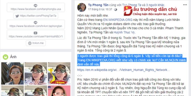 Tạ Phong Tần tố cáo tố chức mạng lưới nhân quyền Việt Nam 'ăn chặn' tiền thưởng