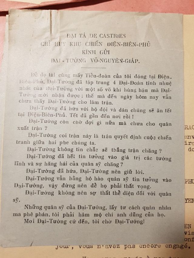 Thư khiêu chiến của De Castries gửi Tướng Giáp.
