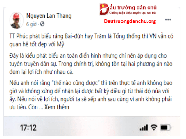 Thủ tướng phát biểu quan điểm về bầu chọn Tổng thống Mỹ: Khôi hài cho ‘mớ lý luận’ của anh kỹ sư dòng họ Nguyễn Lân