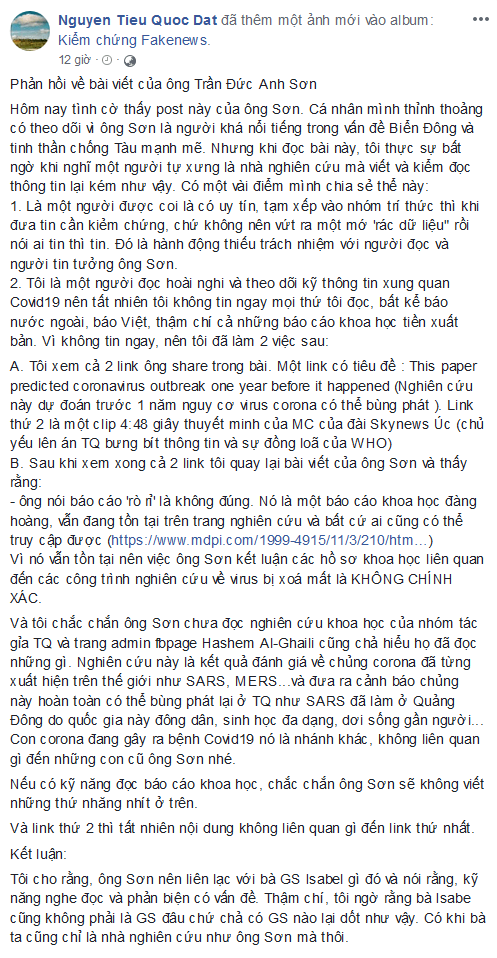 Tiến sĩ Trần Đức Anh Sơn đang phát tán tin giả do cẩu thả và cảm tính?