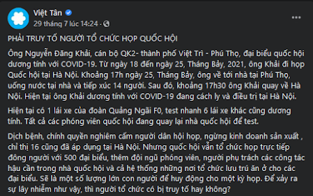 Tin giả về việc đại biểu Quốc hội nhiễm COVID-19?