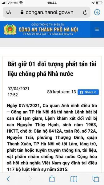 Tin vui cuối ngày: Tên phản động Nguyễn Thuý Hạnh chủ quỹ 50k đã bị bắt