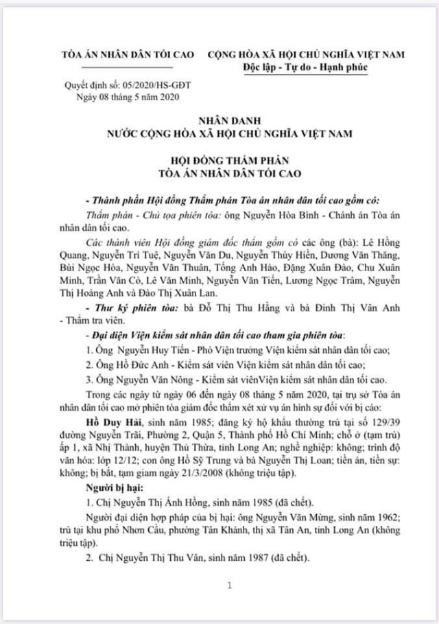 Toàn văn 24 trang Quyết định Giám đốc thẩm vụ án Hồ Duy Hải