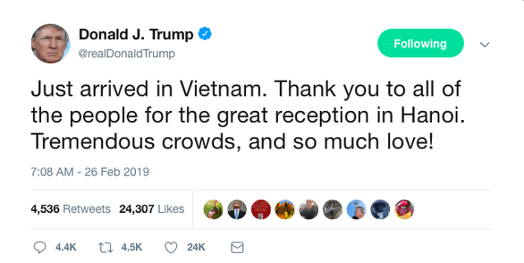 Tổng thống Trump viết tweet: Cảm ơn Việt Nam, 'đầy tình yêu'