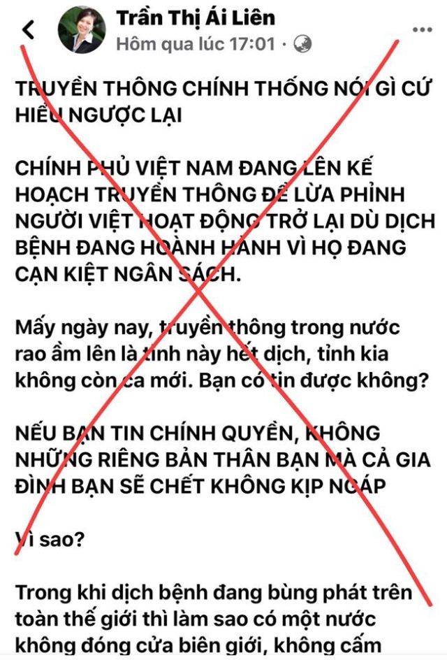 Trần Thị Ái Liên đang cố tình chống đối Đảng và Nhà nước qua việc thông tin về dịch corona