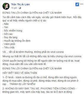 Trần Thị Ái Liên đang cố tình chống đối Đảng và Nhà nước qua việc thông tin về dịch corona