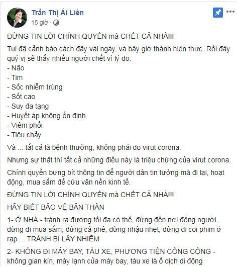 Trần Thị Ái Liên thể hiện sự ngu dốt về dịch corona