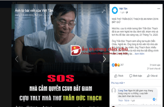 Trang facebook việt tân lại khóc than cho kẻ 'lưu manh dân chủ' Trần Đức Thạch