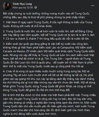 Trịnh Hữu Long bị đấu tố vì đưa ra cái nhìn thực tiễn về vấn đề Trung Quốc