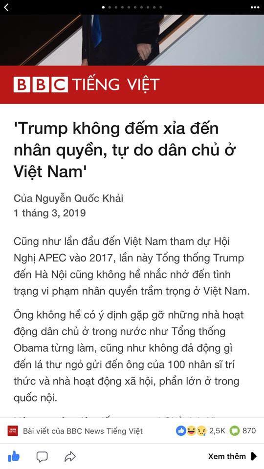 “Trump không đếm xỉa đến nhân quyền, tự do dân chủ Việt Nam”