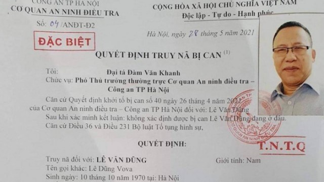 Truy nã đặc biệt bị can Dũng Vova phát tán tài liệu chống phá Nhà nước