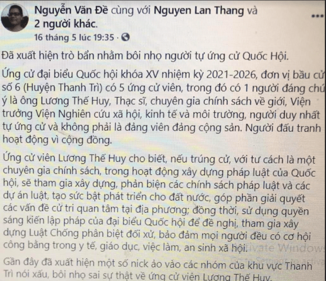 Ứng cử là việc của Huy, còn lựa chọn bầu hay không bầu là việc của bạn!