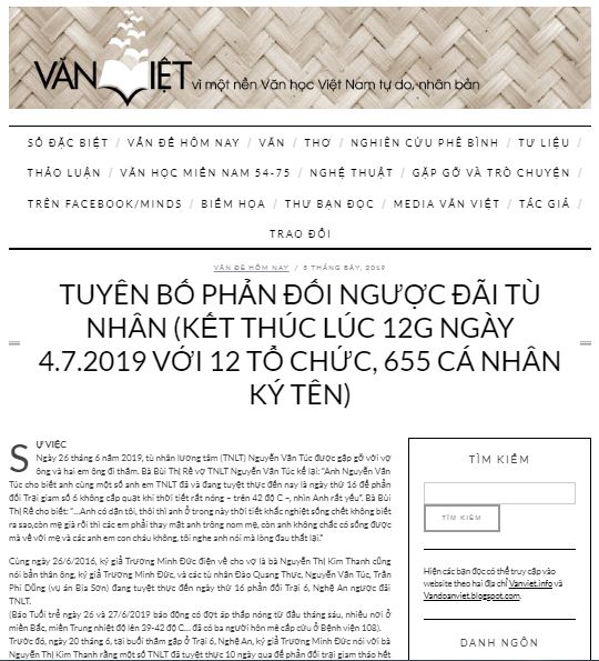 "Văn Việt" nói gì trong tuyên bố phản đối ngược đãi tù nhân?