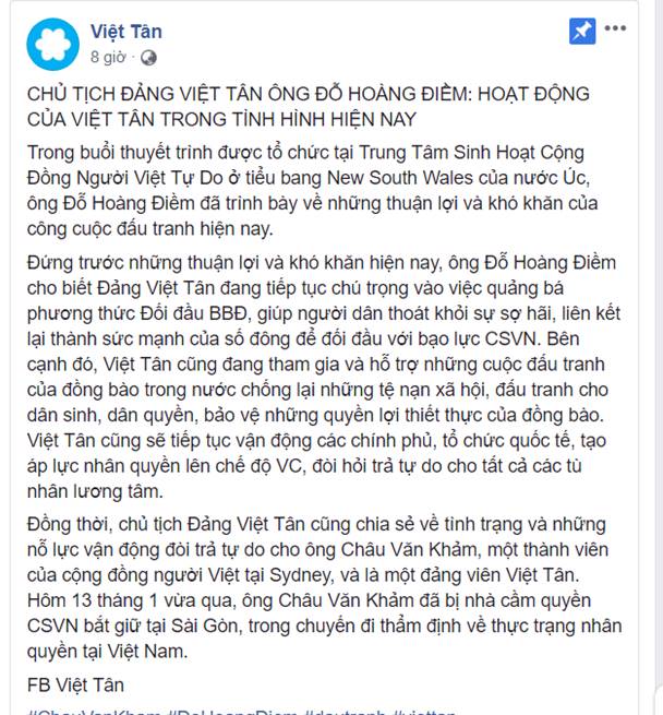 Về Cái Gọi Là "Hoạt Động Của Việt Tân Trong Tình Hình Hiện Nay"