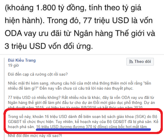 Về số tiền 16 triệu đô la làm sách giáo khoa