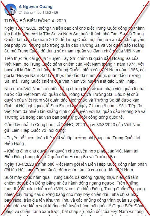 Về “Tuyên bố Biển Đông 4-2020” của giới rận chủ