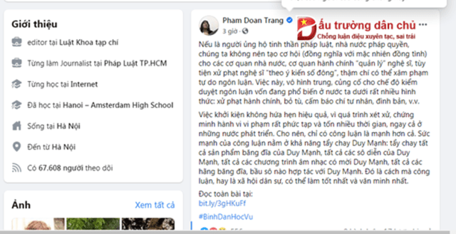 Vụ ca sĩ Duy Mạnh bị xử phạt: Phạm Đoan Trang mắng các nhà tiến sĩ dân chủ là một lũ 'ngu'