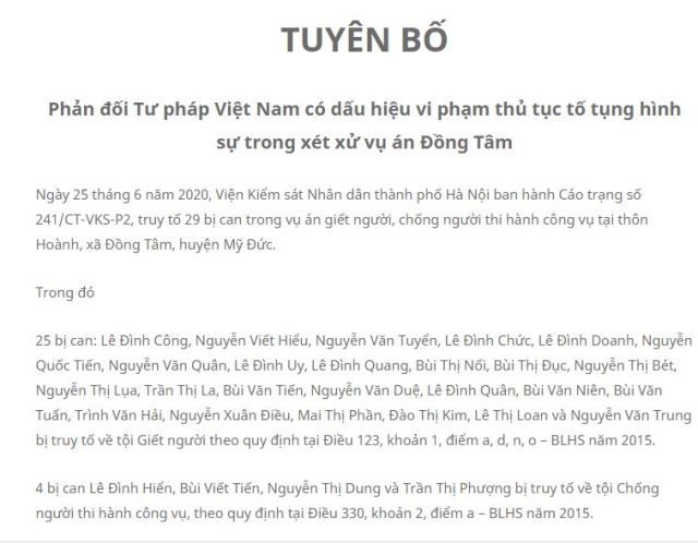 Vụ Đồng Tâm: Nực cười với “Tuyên bố phản đối Tư pháp Việt Nam” của giới rận chủ