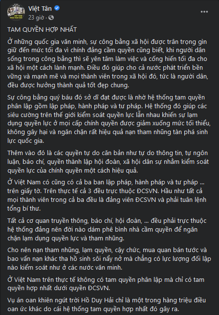 Vụ Hồ Duy Hải: Đa đảng và tam quyền phân lập không phải là cách kiểm soát quyền lực duy nhất