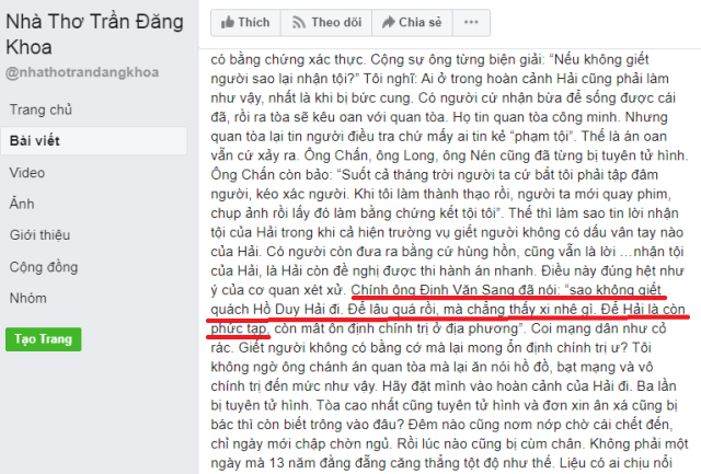 Vụ Hồ Duy Hải: Trần Đăng Khoa lại hồ đồ rồi