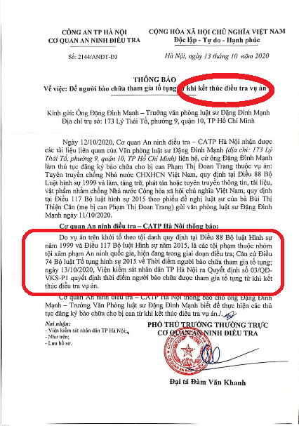 Vụ Phạm Thị Đoan Trang: Vì sao người bào chữa chỉ được tham gia tố tụng kể từ khi kết thúc điều tra?